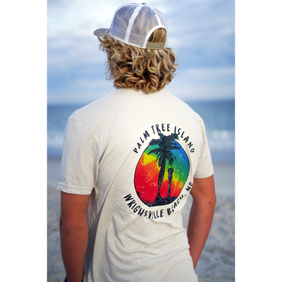 Wrightsville Beach Local wearing a Classic Palm Tree Island shirt on vacation